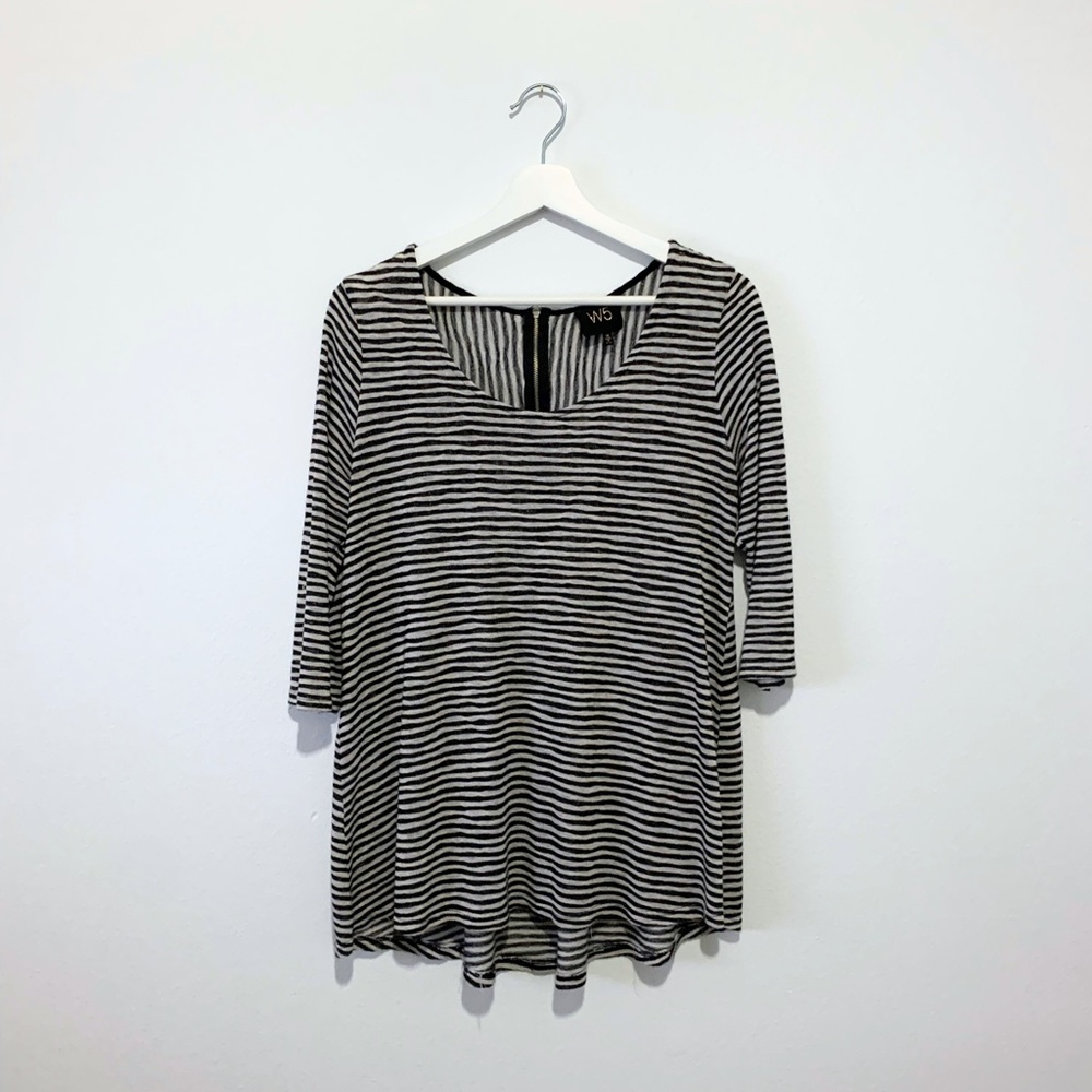 W5 Woman's Knit Blouse Y2k Vintage Top 1/4 Sleeve Striped Comfy Black & White XL